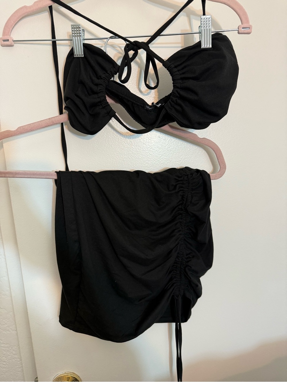 Fashion Nova Black Ruched Bandeau Set with Tie-Back Top